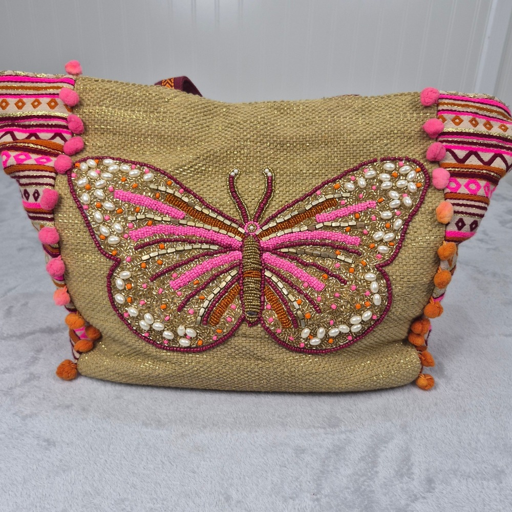America & Beyond Beaded Butterfly Tote Bag Beach Lurex Pom Pom Boho Shoulder Bag